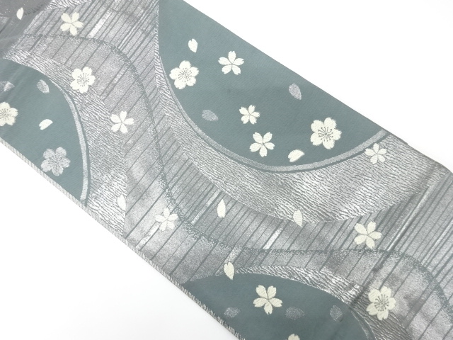 JAPANESE KIMONO / ANTIQUE FUKURO OBI / SILK / WOVEN STREAM & SAKURA